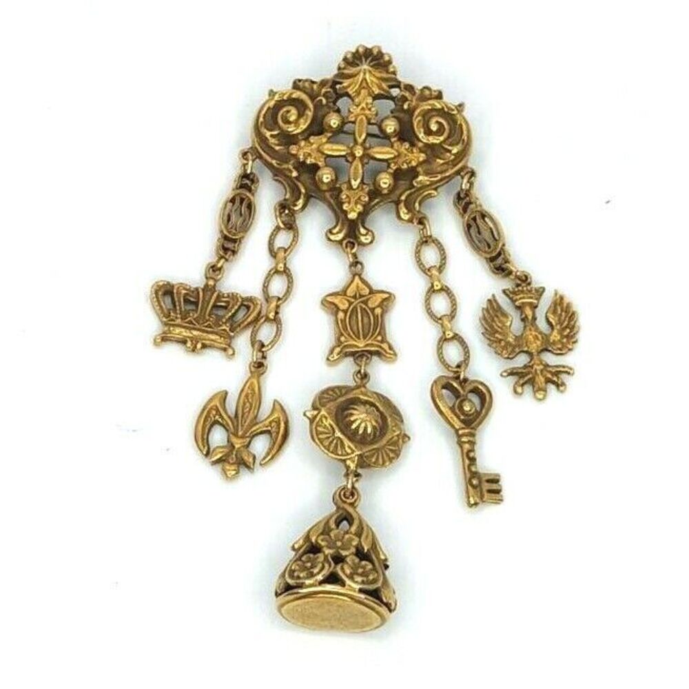 Unsigned Antique Victorian Chatelaine Brooch Pendant Dangle Charms Estate Find